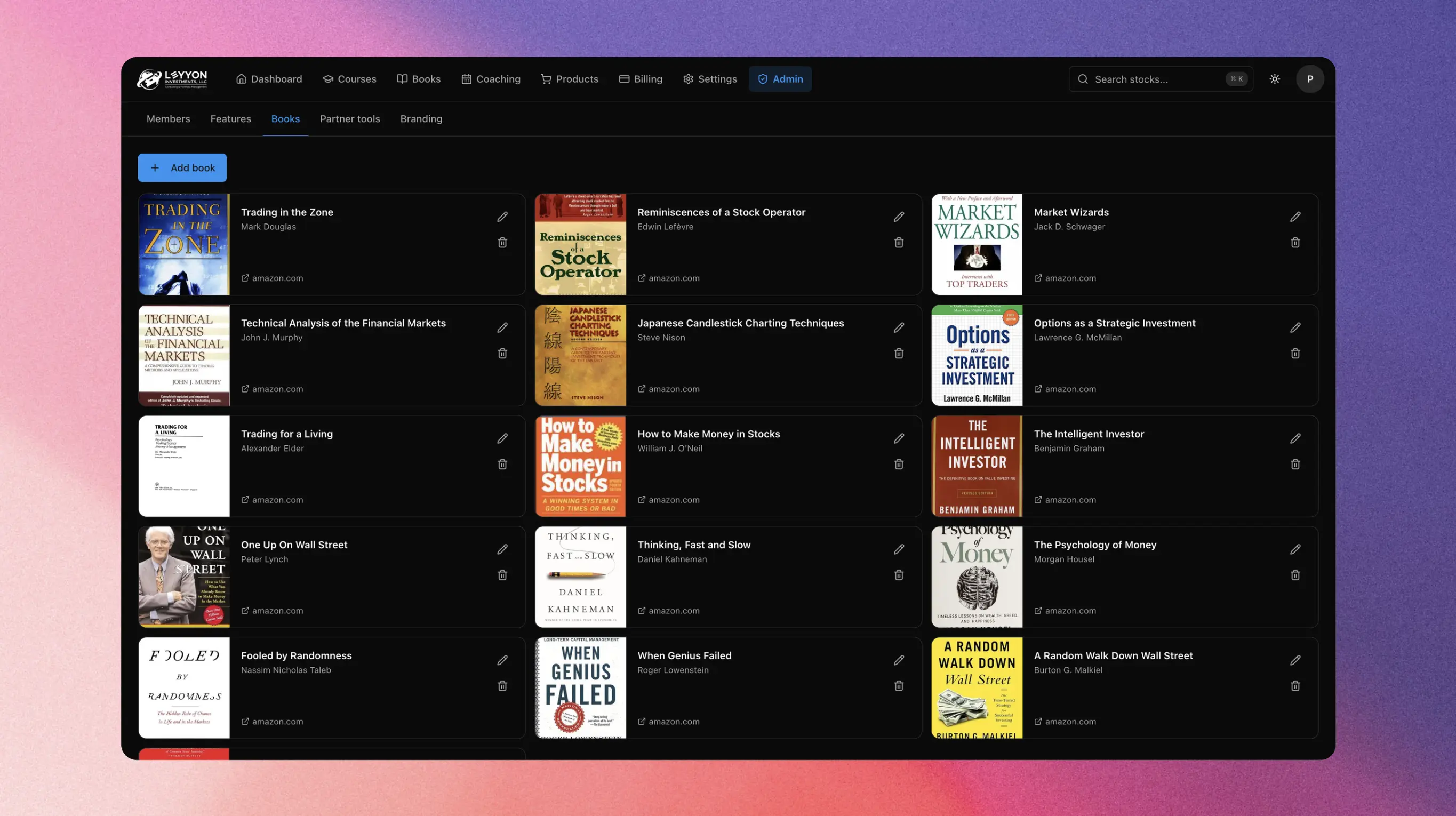 EdgeForge admin books management screen.