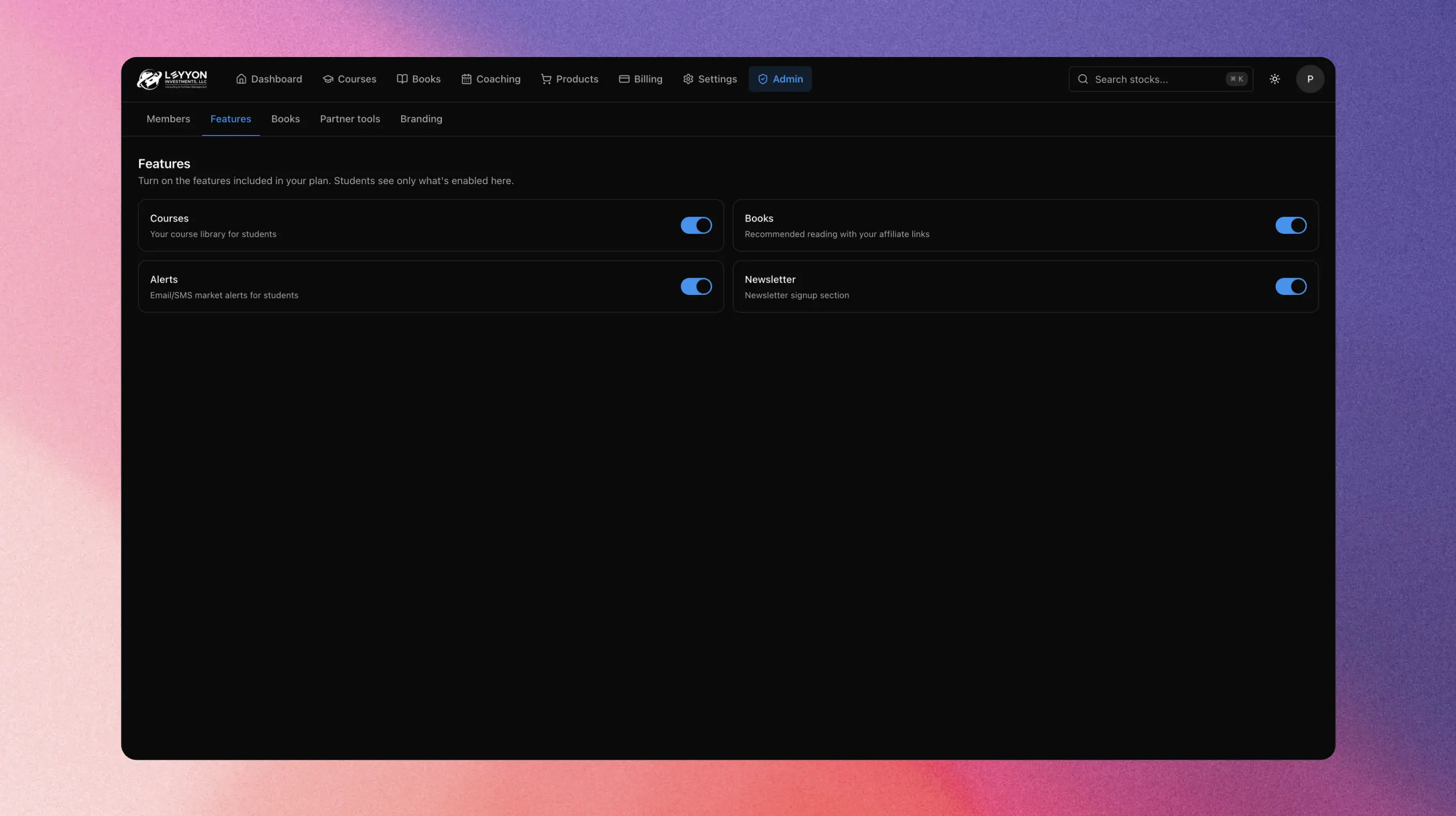 EdgeForge admin feature configuration screen.