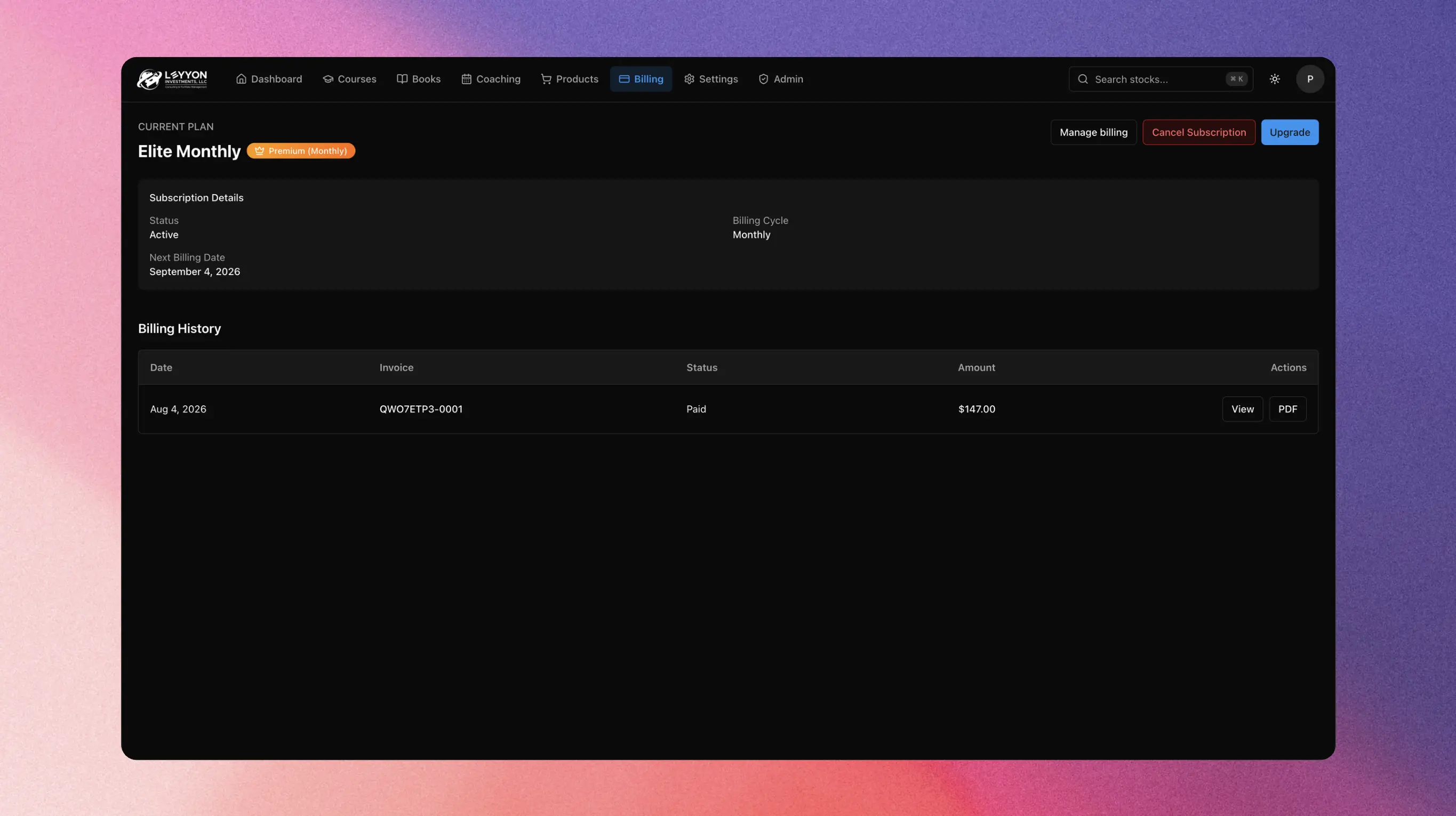 EdgeForge billing screen.